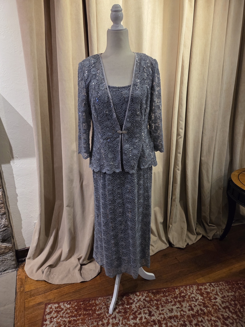 R & M Richards Silver Gray Lace Sequin Dress Set